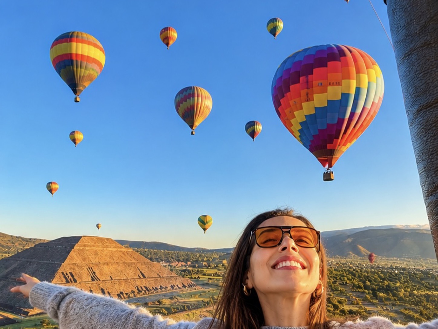 Guest enjoying the view from a hot-air balloon over Teotihuacán
