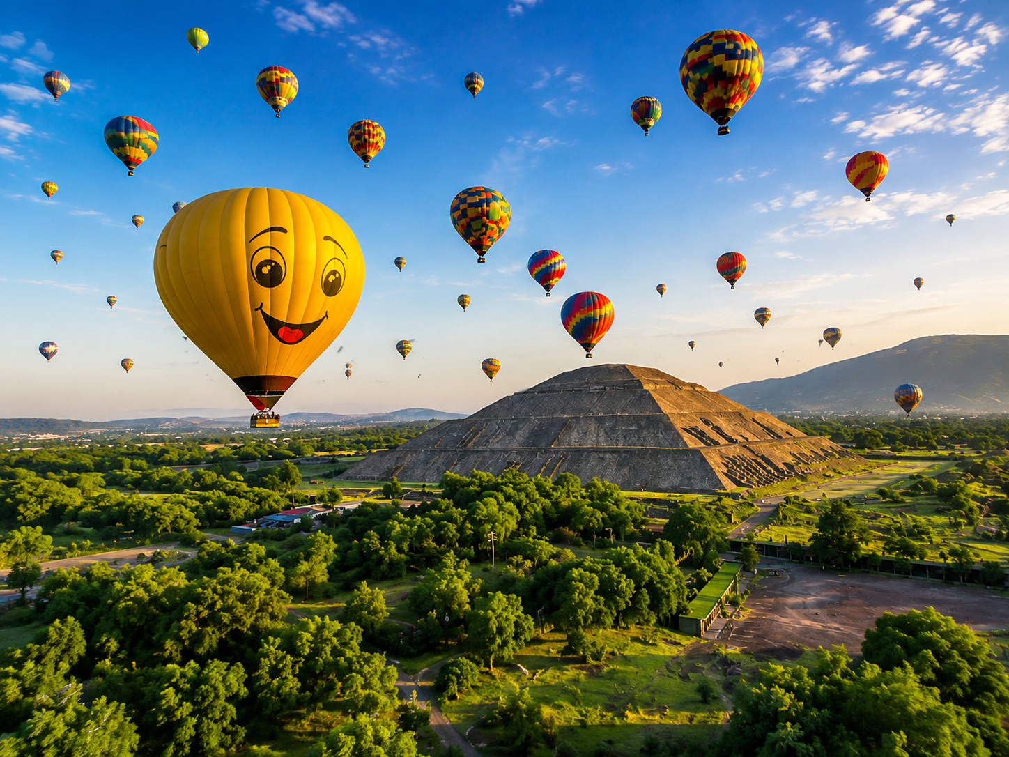 Aerial view of colorful balloons over Teotihuacán