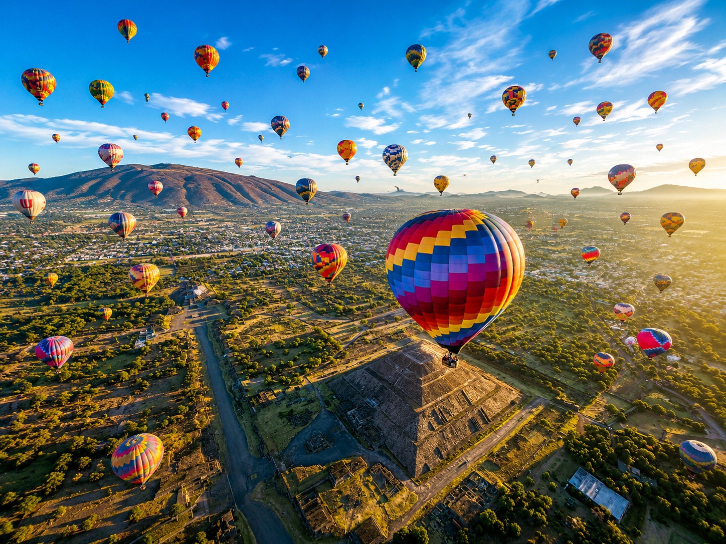 Colorful balloons flying above the Pyramid of the Sun at Teotihuacán